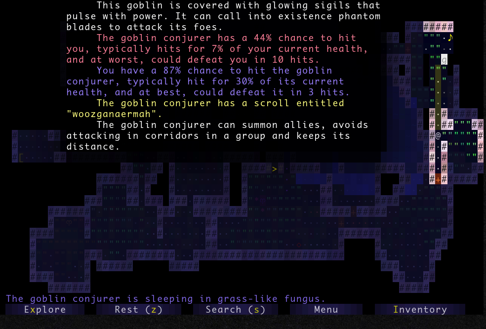 A screenshot of Brogue showing a goblin conjuror enemy and an accompanying textbox giving a detailed but easily-understandable description of what the enemy does and the odds of beating it in a fight.