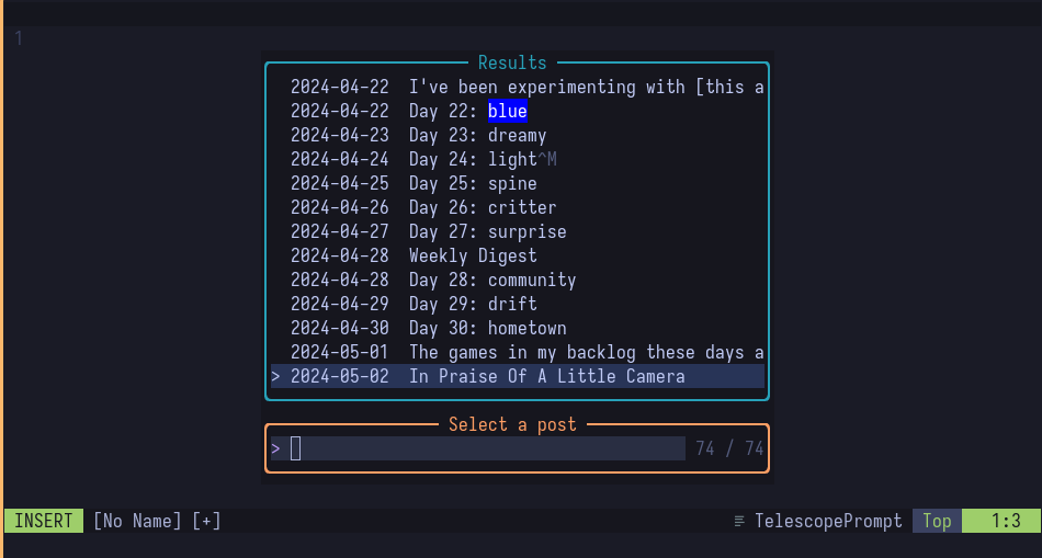 Screenshot of Neovim showing the Telescope picker with a list of recent blog posts